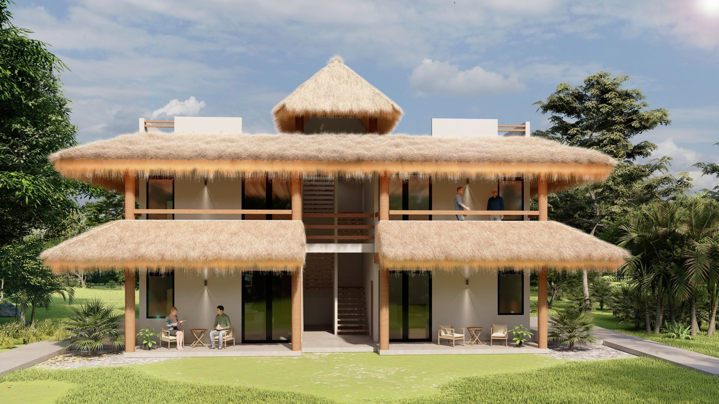 Render de Casa Lago con techos de palapa y terrazas en dos niveles