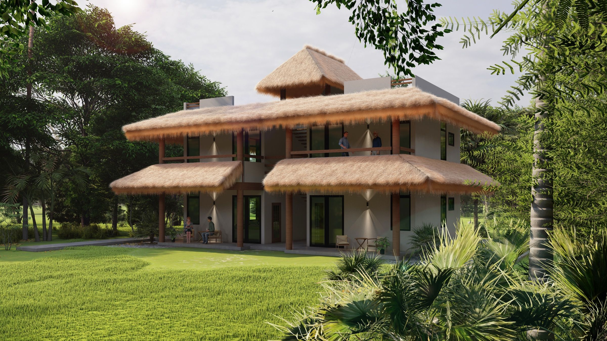 Render de Casa Lago con techos de palapa entre palmeras