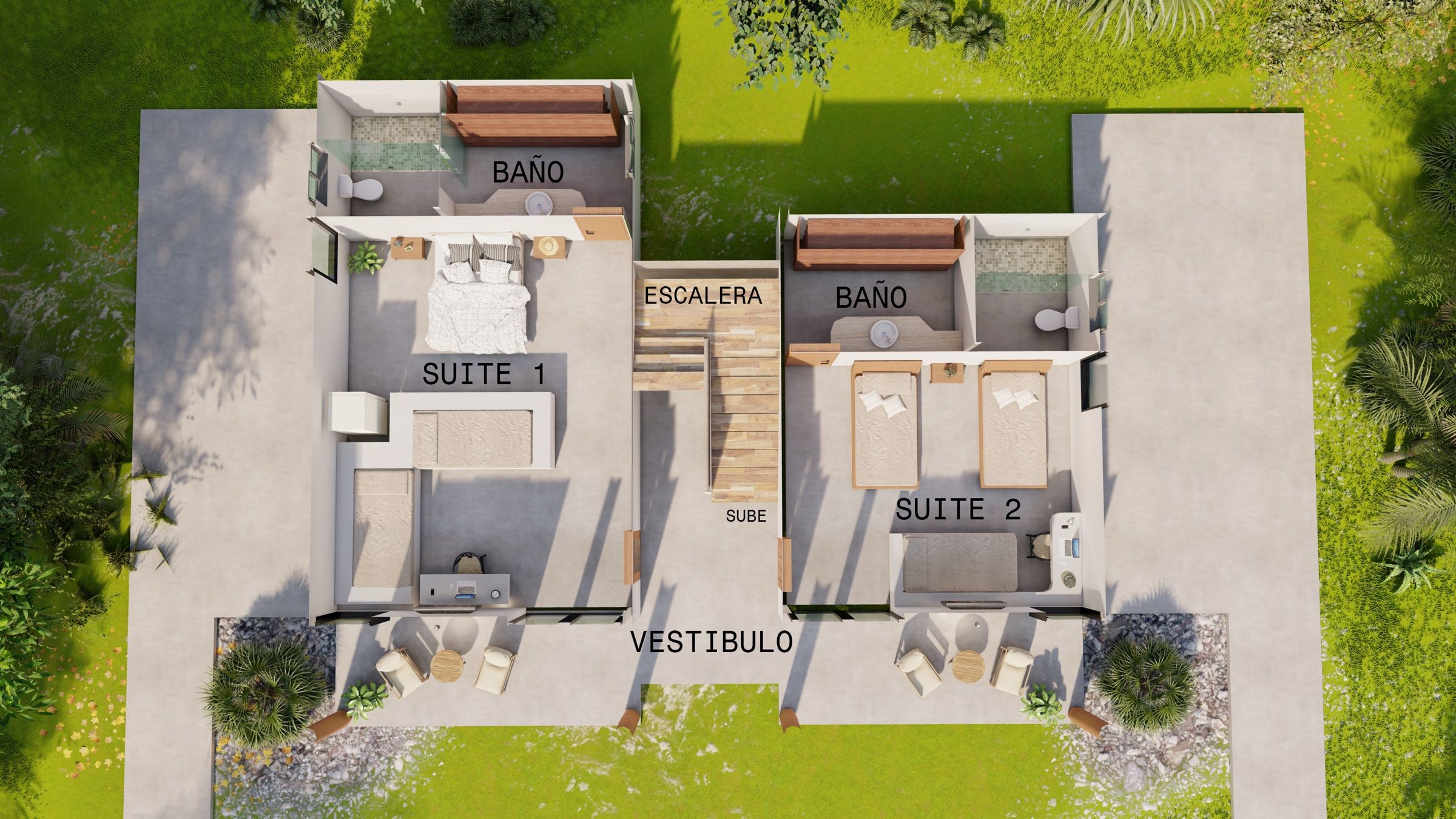 Planta arquitectónica de Casa Lago con dos suites, baños, escalera y vestíbulo