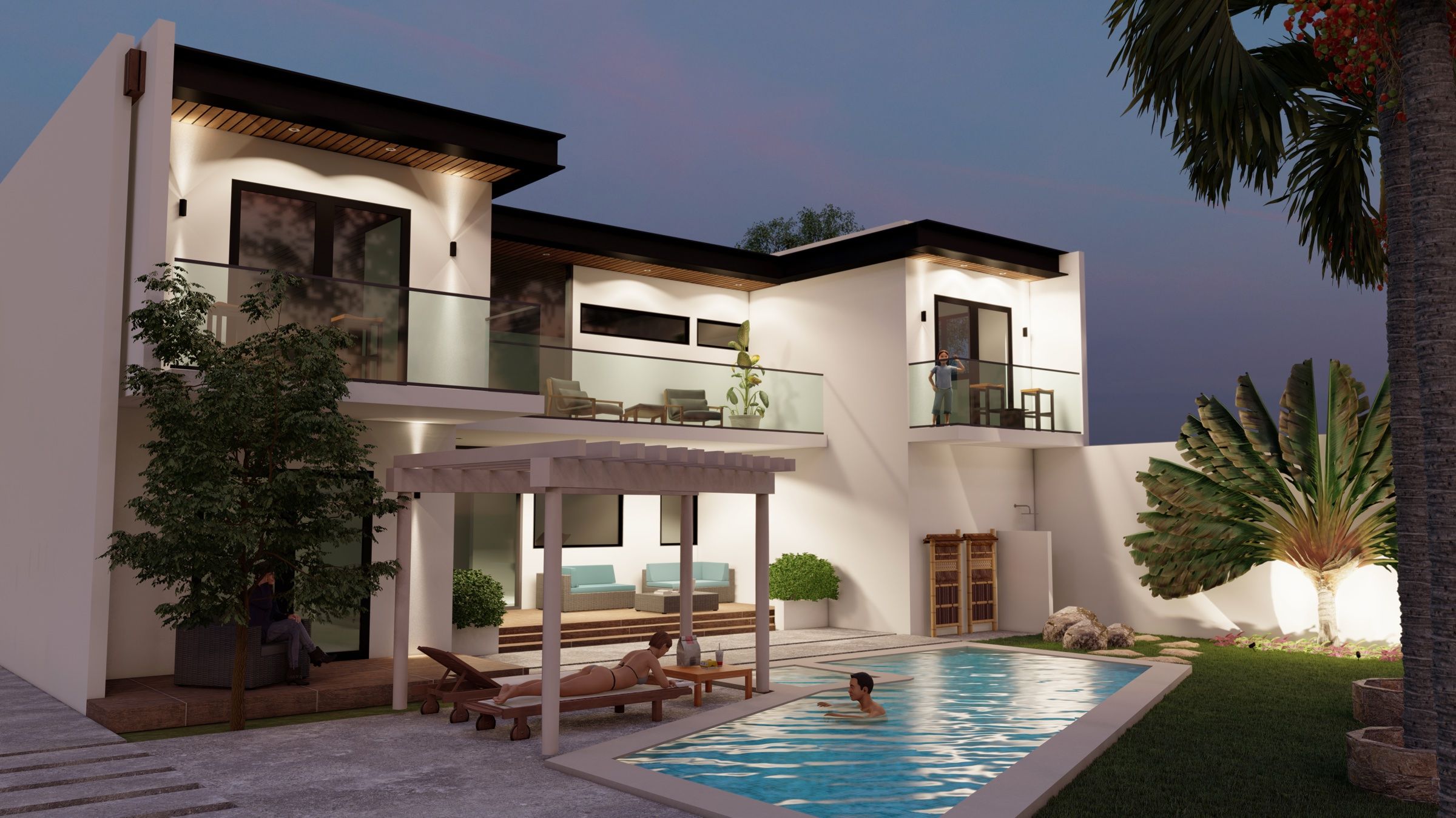 Render nocturno de una residencia con alberca y terrazas iluminadas